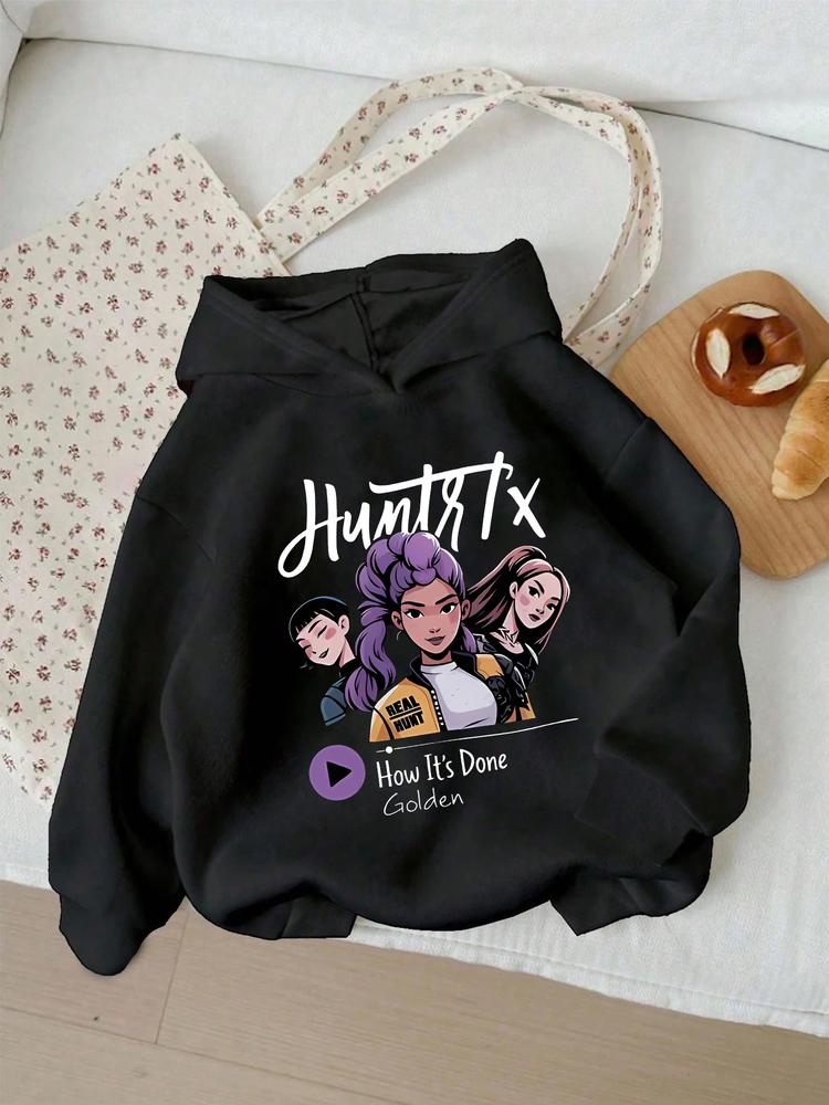 Girls' Kpop Hunter Series Hoodie, Long Sleeve Cartoon Print Pullover, Casual Comfortable Spring & Fall Fashion, Fitted Style, Graphic Casual Hoodie