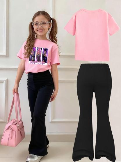 Girls' Kpop-Hunter Girl Print 2-Piece Set, Casual Sporty Short Sleeve Top and Bell Bottom Pants, Comfortable Elastic Waist, Spring Summer
