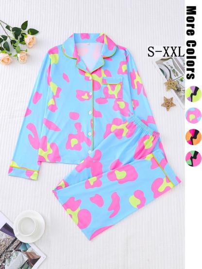 Women's Leopard Print Pajama Set, Casual Fitted Long Sleeve Top & Elastic Pants, Soft Comfortable Sleepwear for Fall Winter