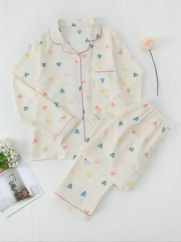 Women's Button Front Blouse & Bow Front Contrast Binding Pants Pyjama Set, Casual Long Sleeve Lapel Top & Trousers, Summer Outfits 2024, Sleepwear for Spring & Fall, National Day Offers