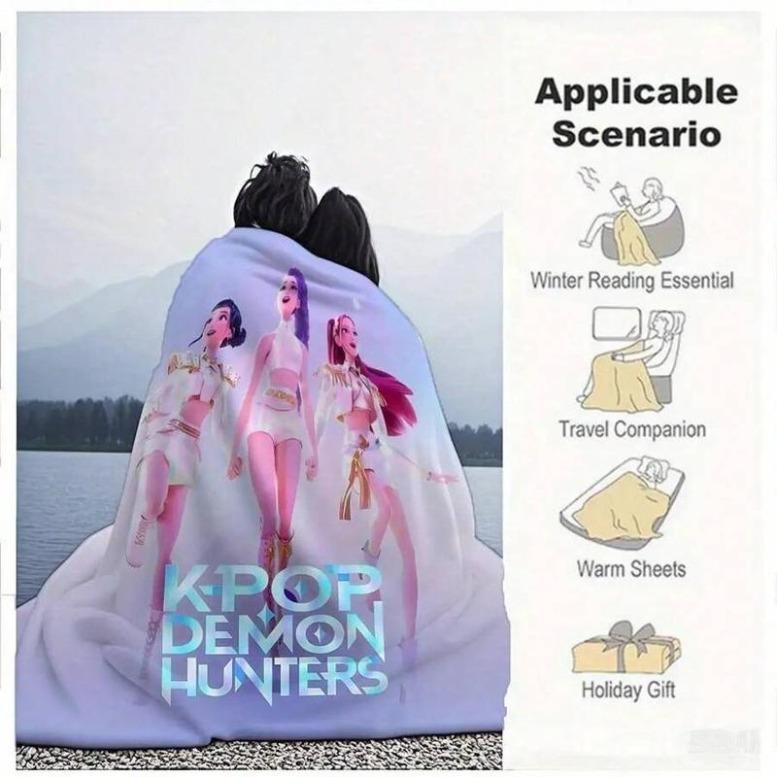 K-POP DEMON HUNTERS Stylized Trio Flannel Blanket - All-Season Comfort Multi-Purpose Printed Throw, Suitable For Sofa, Bed,K-POP Demon Hunters Merch,Zoey,Mira,Rumi,Huntrix,Sajaboys,Gift For Kids, Gift For Men & Women, K-POP Demon Hunters Merch