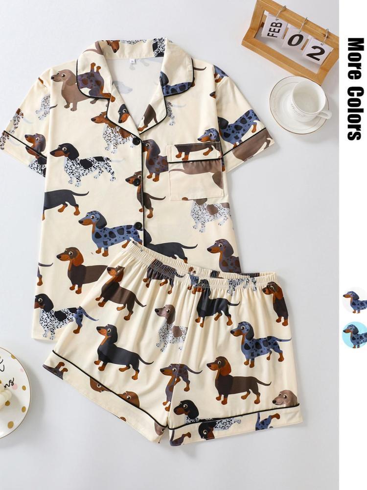 Women's Cartoon Dog Print Short Sleeve Matching Pajamas Two-piece Set, Casual Comfy Lapel Neck Button Design Pj Set for Daily Home Wear, Ladies Sleepwear for All Seasons, Loungewear,  Womenswear, Pastel Cute Pajamas, Breathable Stylish Pajama