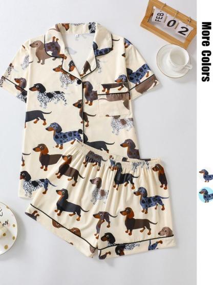 Women's Cartoon Dog Print Short Sleeve Matching Pajamas Two-piece Set, Casual Comfy Lapel Neck Button Design Pj Set for Daily Home Wear, Ladies Sleepwear for All Seasons, Loungewear,  Womenswear, Pastel Cute Pajamas, Breathable Stylish Pajama