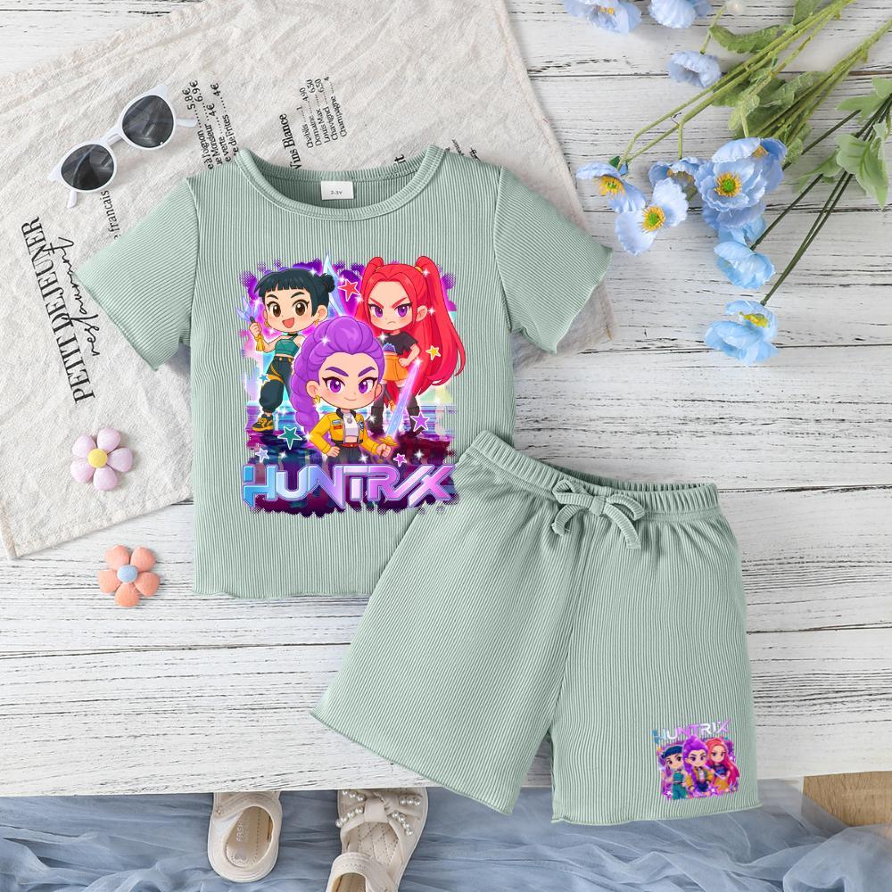Toddler Girls Outfit Purple Graphic Print Short Sleeve T-Shirt & Shorts Set for Spring Summer Fall Casual Wear