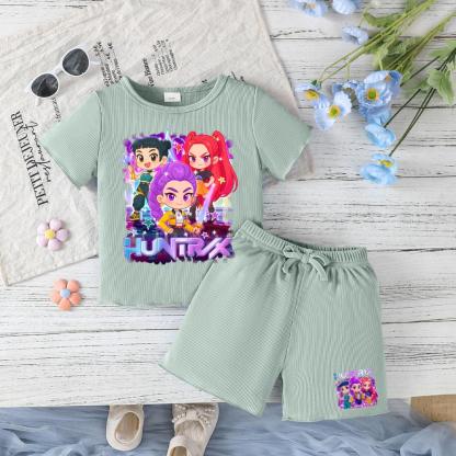Toddler Girls Outfit Purple Graphic Print Short Sleeve T-Shirt & Shorts Set for Spring Summer Fall Casual Wear