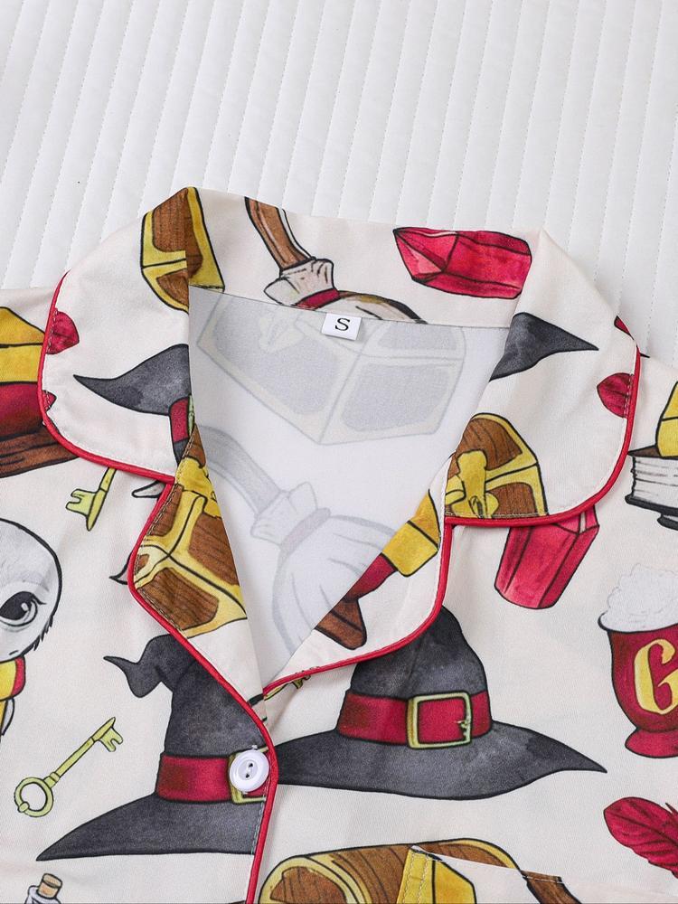 Women's 2-Piece Pajama Set, Magic Theme All-Over Print, Soft Shirt Collar Top & Elastic Pants, Casual Home Wear for Fall Winter