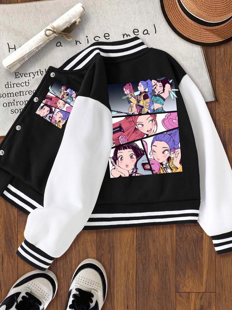 KPOP-Huntress Girl Group  Girls Short Baseball Jacket with Cartoon Design, Fitted Activewear for Kids, Elastic Fabric for Fall & Winter, Trendy School Uniform for Halloween