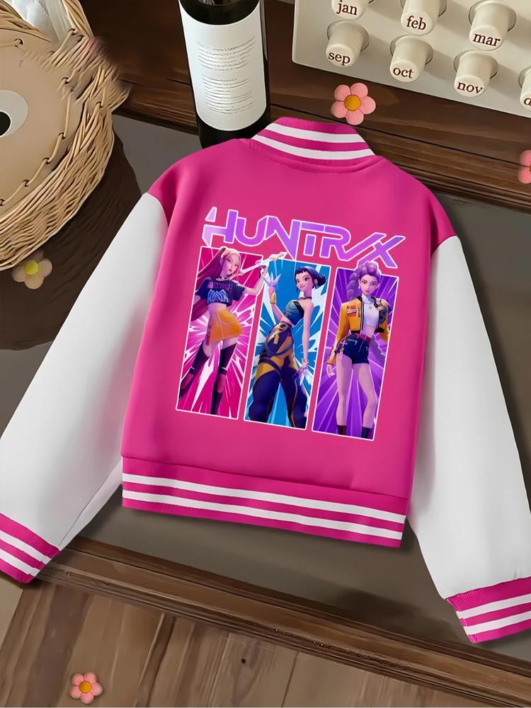 Girls Short Baseball Jacket Coat, Cartoon Design, Elastic Fabric, Street Style, Fall & Winter, Outdoor Indoor Sports Wear, Casual Comfy Jacket