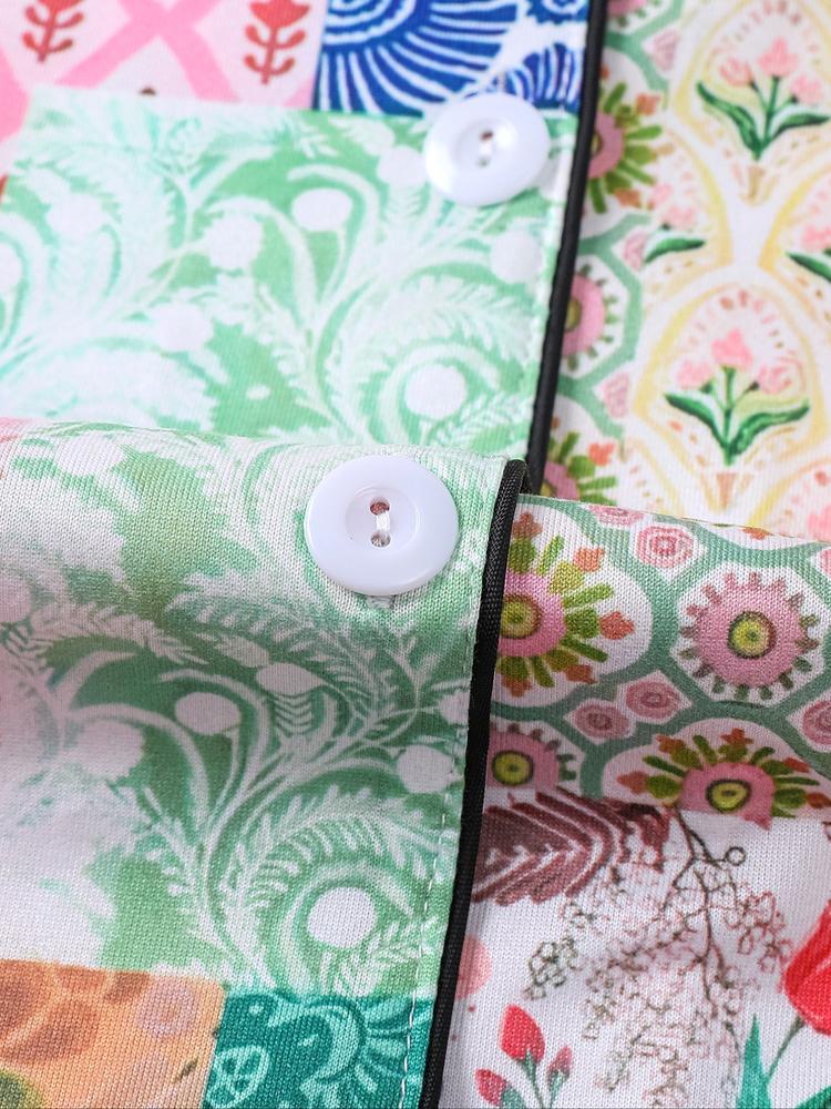 Women's Floral & Plaid Pajama Set, Long Sleeve Button Front Top, Elastic Waist Pants, Casual Fall Winter Sleepwear