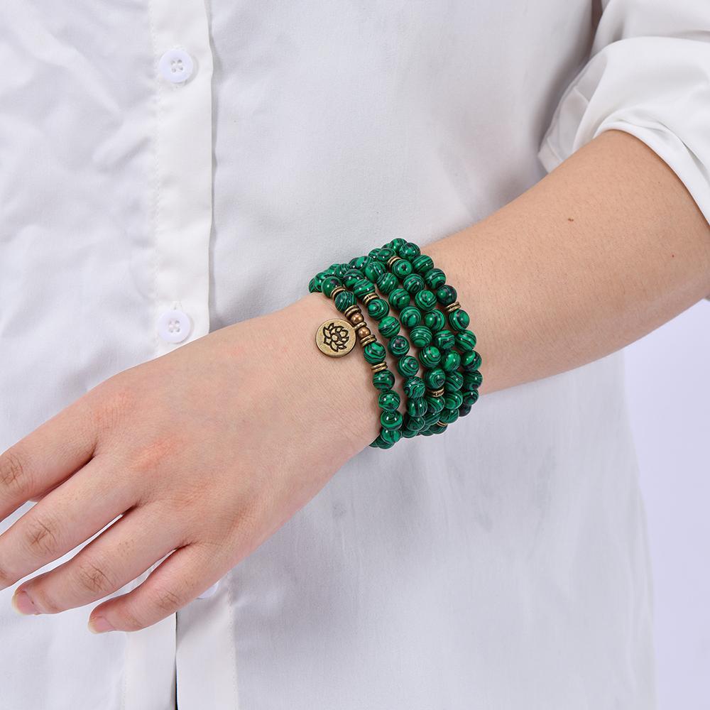 8mm Green Malachite Healing Crystal Stone 108 Mala Beads Money Attraction Bracelet Long Beaded Wrap Bracelets Genuine Gemstone Mala Prayer Beads Lotus Buddha Charm Yoga Meditation Necklace Jewelry Necklace for Ideal Gift , Elegant with Lotus Pendant
