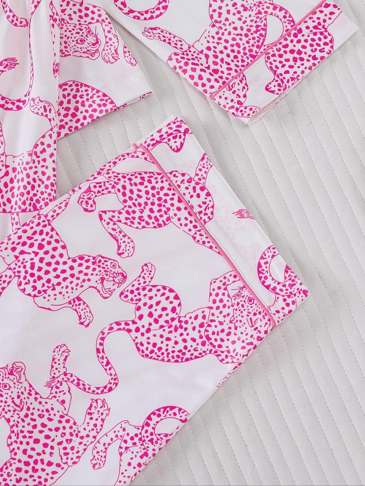 Women's Leopard Print Pajama Set, Casual Fall & Winter Sleepwear, Soft Long Sleeve Shirt and Elastic Pants, Comfortable Home Wear