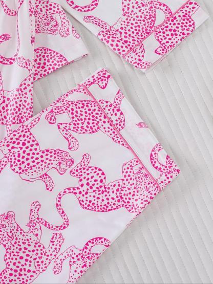 Women's Leopard Print Pajama Set, Casual Fall & Winter Sleepwear, Soft Long Sleeve Shirt and Elastic Pants, Comfortable Home Wear