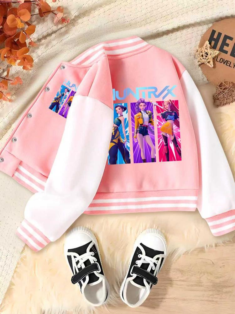 Girls Short Baseball Jacket Coat, Casual Sports School Uniform, Elastic Fabric, Trendy Kids Clothing, Fall & Winter Halloween Option