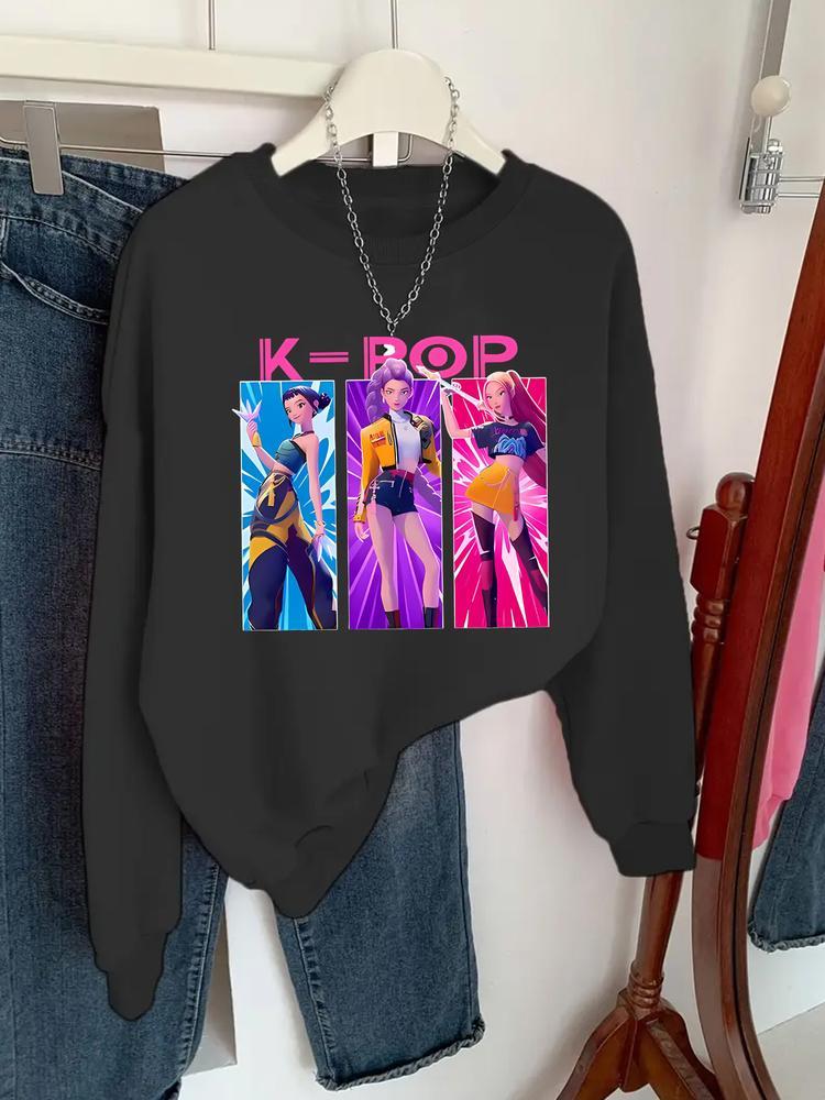Girls' Spring & Fall Casual Fashion Kpop Falcon Girl Group Print Sweatshirt, Round Neck Long Sleeve Comfortable Basic Top