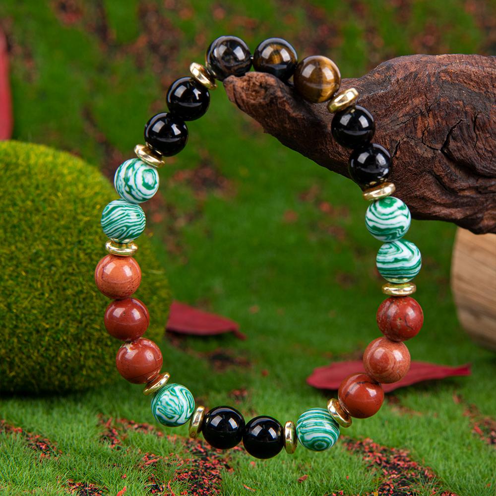 1pc Wealth Attraction Crystal Money Attraction Bracelet With Natural Stones - Malachite, Red Tiger Eye, Redstone, Elastic Fit For Prosperity And Abundance, Ideal Gift For Family And Friends