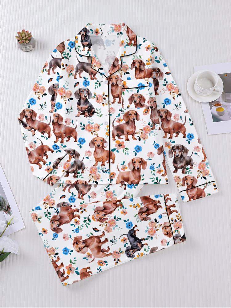 Women's Fall Winter Home Set, Cute Sausage Dog Print, Party Sleepwear, Buttoned Long Sleeve Top & Elastic Pants, Soft Stretch Fabric