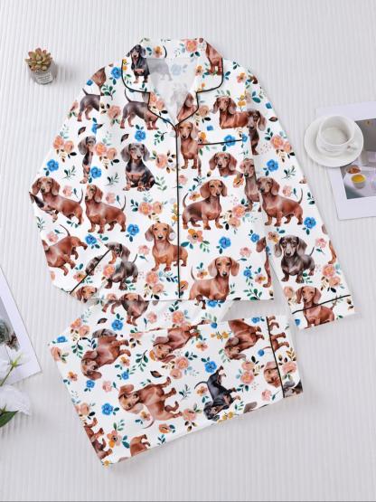 Women's Fall Winter Home Set, Cute Sausage Dog Print, Party Sleepwear, Buttoned Long Sleeve Top & Elastic Pants, Soft Stretch Fabric