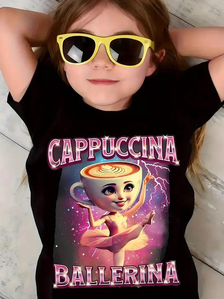 Girls Summer Fashion Cappuccino Coffee Print Short Sleeve T-Shirt, Funny Graphic Tee, Casual Outdoor Wear, Comfortable Fit, Moderate Fabric Thickness