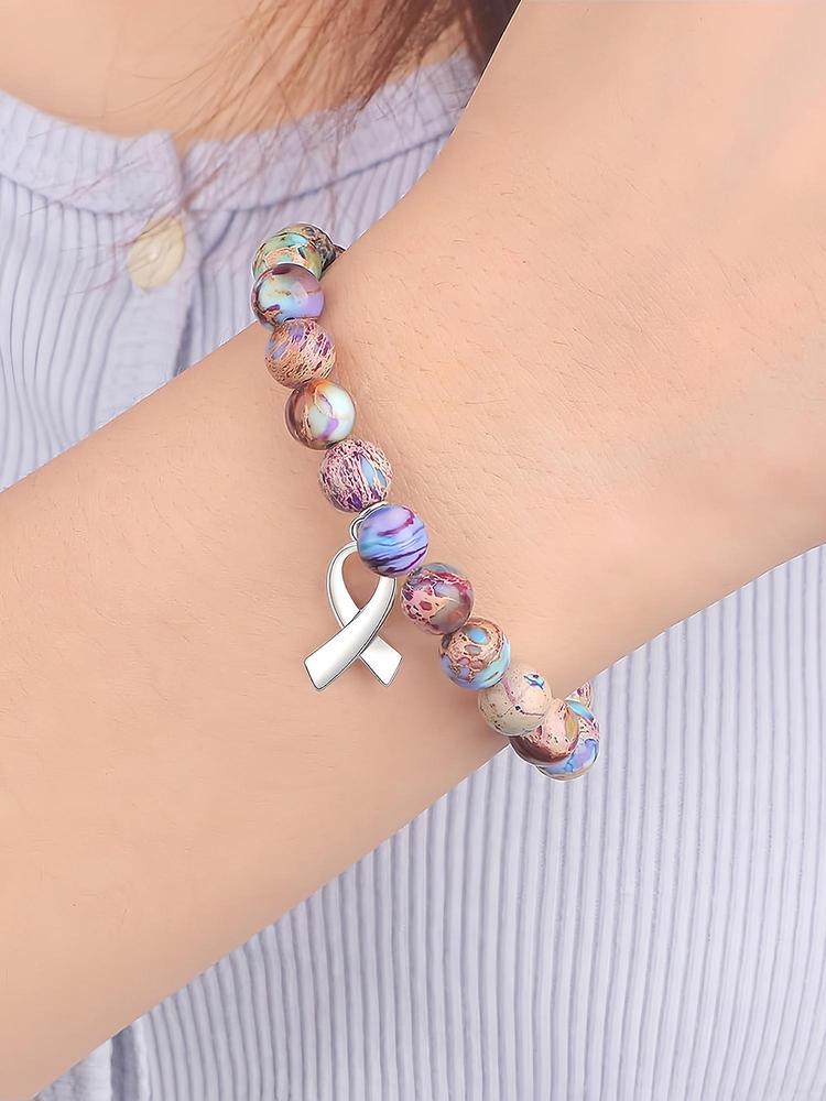 Cancer Survivor Gifts for Men Women, Breast Cancer Awareness Bracelets, Healing Natural Stone Beaded Bracelets, Inspirational Bracelets Gifts for Men Women