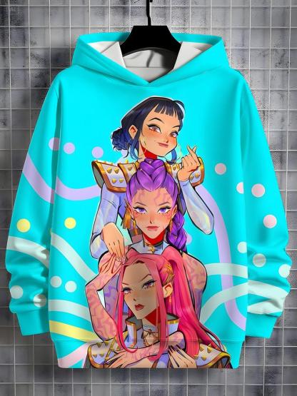 Girls Kpop Demon Hunters Hoodie, Casual Fall Winter Sportswear, Fitted Random Print Design, Durable Outdoor Activities, Christmas Gift