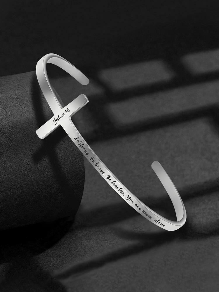 Letter Carved Cross Design Adjustable Bangle, Stainless Steel Bangle Bracelet for Women & Men, Bible Verse Bracelet, Trendy All-match & Exquisite Jewelry for Birthday Gift