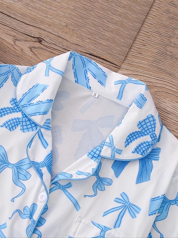 Women's 2-Piece Pajama Set, Bowknot Print, Holiday Party Sleepwear, Soft Shirt Collar Top & Elastic Pants, Casual Home Wear, Matching Pj Set