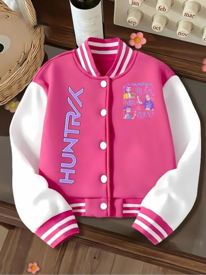 Girls' Halloween Cartoon Print Baseball Jacket, Elastic Fabric, Fitted Design, Perfect for Outdoor & Indoor Activities