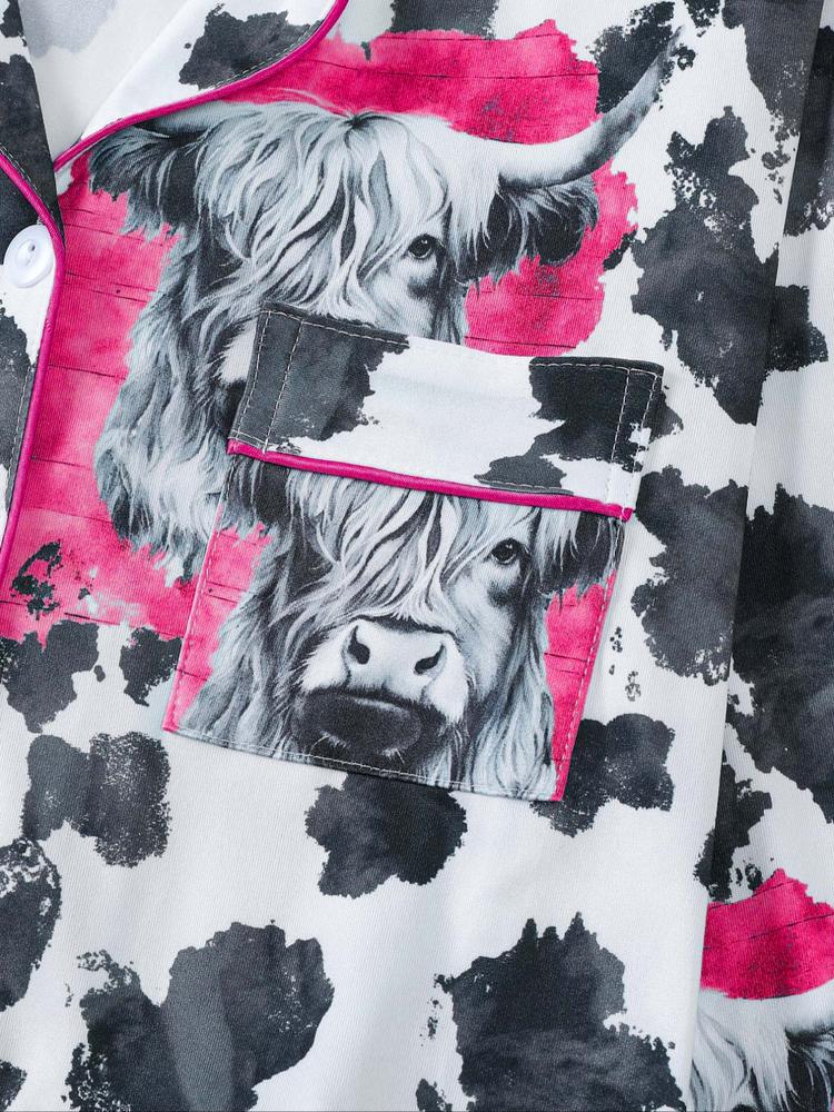 Women's 2-Piece Sleepwear Set, Highland Cow Print, Soft Shirt Collar Top & Elastic Pants, Casual Home Wear for Fall Winter