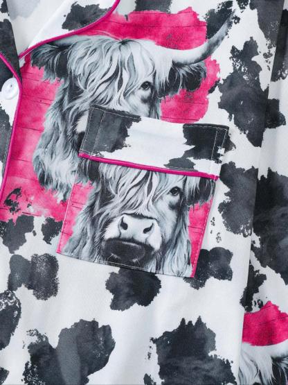 Women's 2-Piece Sleepwear Set, Highland Cow Print, Soft Shirt Collar Top & Elastic Pants, Casual Home Wear for Fall Winter