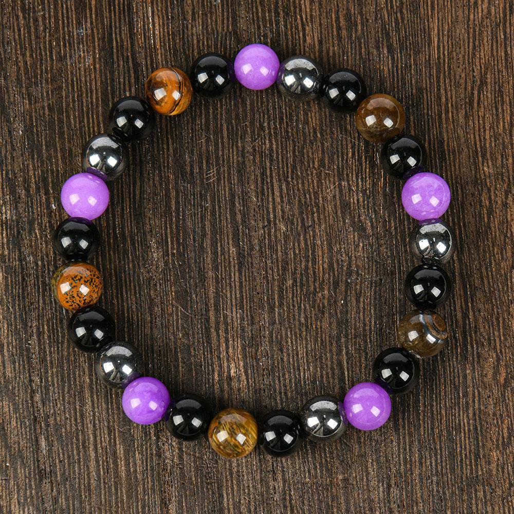1pc Natural Tiger Eye & Amethyst Beaded Bracelet, Elastic Protection Crystal Bracelet For Men And Women, Unscented Solid Jewelry Gift