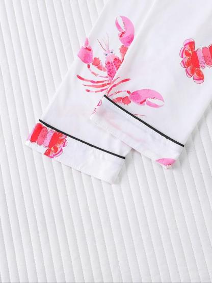 Women's 2-Piece Pajama Set, Lobster Print, Casual Loose-Fit Long Sleeve Top & Elastic Pants, Soft Comfortable Sleepwear Loungewear for Fall Winter