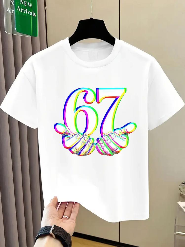 Boys Summer Fashion Creative Six Seven Series Colorful Number 67 Print Short Sleeve T-Shirt, Soft Fitted Casual Top for Kids
