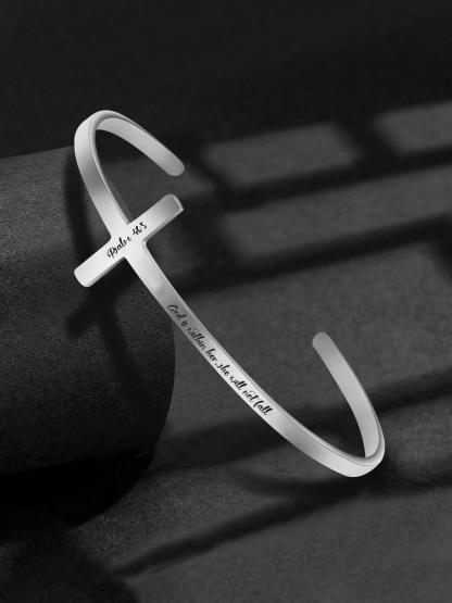 Letter Carved Cross Design Adjustable Bangle, Stainless Steel Bangle Bracelet for Women & Men, Bible Verse Bracelet, Trendy All-match & Exquisite Jewelry for Birthday Gift