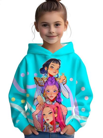 Girls Kpop Demon Hunters Hoodie, Casual Fall Winter Sportswear, Fitted Random Print Design, Durable Outdoor Activities, Christmas Gift