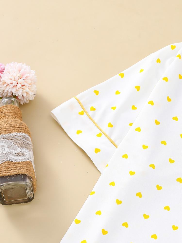 Women's Sleepwear Set, Heart Pattern, Elegant Casual, Comfortable Lapel Short Sleeve Top & Wide Leg Pants, Holiday Party Wear