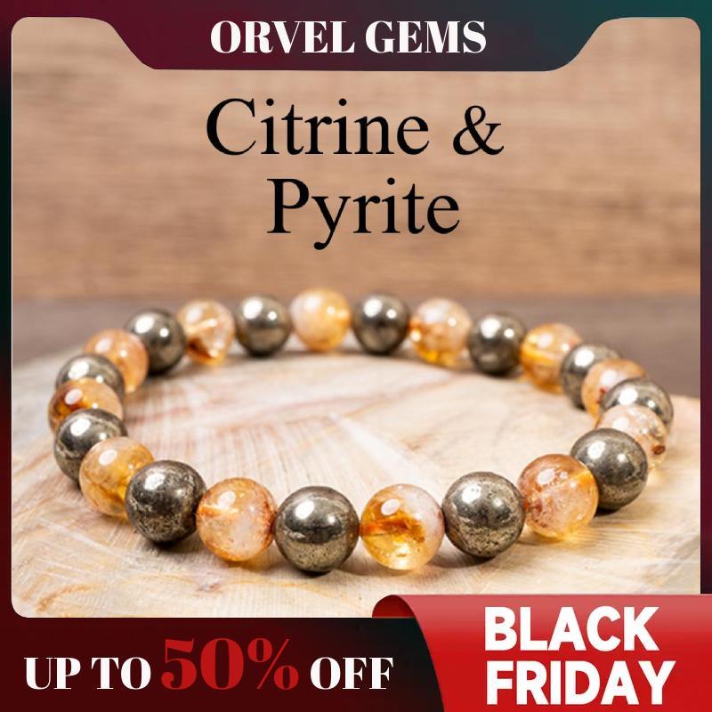Wealth & Success Crystal Bracelet - Pyrite Citrine Black Tourmaline Healing Gemstone Beads 8mm - Spiritual Natural Stone Gift for Men & Women, Christmas, Birthday, New Year, Thanksgiving, Halloween #TikTokShopBlackFriday
