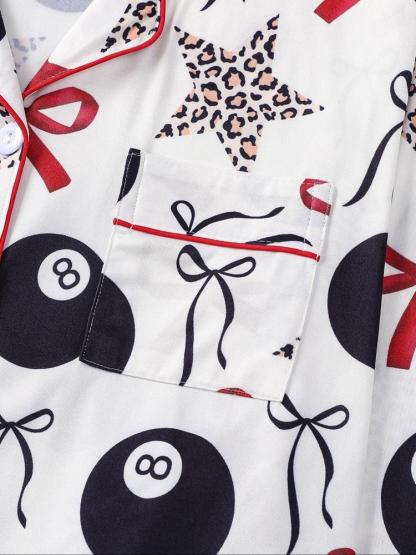 Women's 2-Piece Sleepwear Set, Holiday Party Pajamas, Long Sleeve Button-Down Soft Top and Loose Elastic Pants, Casual Home Wear