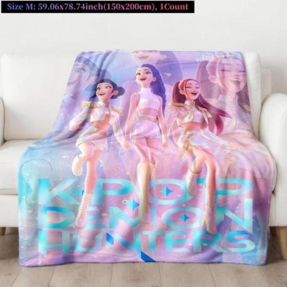 K-POP Demon Hunters Flannel Blanket Dreamy Purple Pink Anime Style Soft Cozy Lightweight Warm Throw Sofa Bed Travel Nap Office Camping Air Conditioner Use Perfect Holiday Gift Home Decor KPOP Fans Teen Girls Halloween Christmas Gift