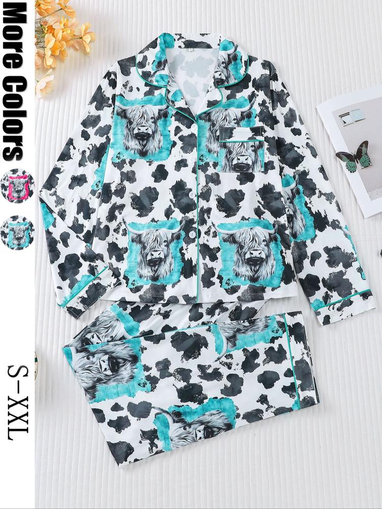 Women's 2-Piece Sleepwear Set, Highland Cow Print, Soft Shirt Collar Top & Elastic Pants, Casual Home Wear for Fall Winter