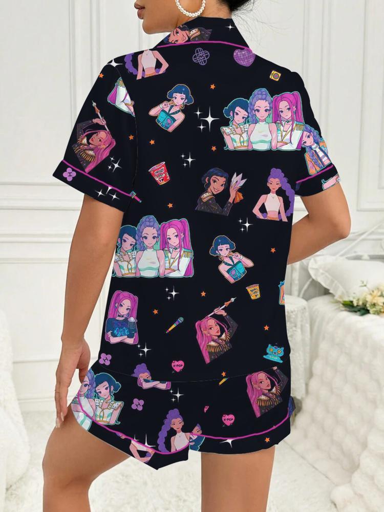 Women's K-Pop Demon Hunter Tiger Pajama Set, Two-Piece Short Sleeve Button-Up Top & Shorts, Comfortable Home Wear, Netflix Fan Gift