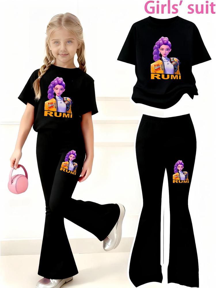 Girls' Casual Sportswear Set, Short Sleeve & Bell Bottoms, Comfortable Elastic Waist Pants, Spring Summer Outdoor Indoor Activities, Kids Girls Clothing