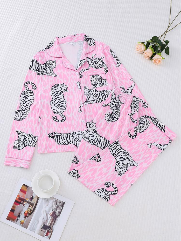 Women's Tiger Print Pajama Set, Fall & Winter Casual Sleepwear, Comfortable Long Sleeve Button-Up Top and Elastic Pants, Home & Outdoor Wear