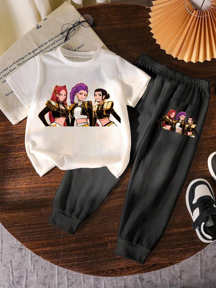 Girls' Kpop Print Short Sleeve T-Shirt & Pants Set, Casual Fashion for Spring & Fall, Comfortable Moderate Fabric, Fitted Style