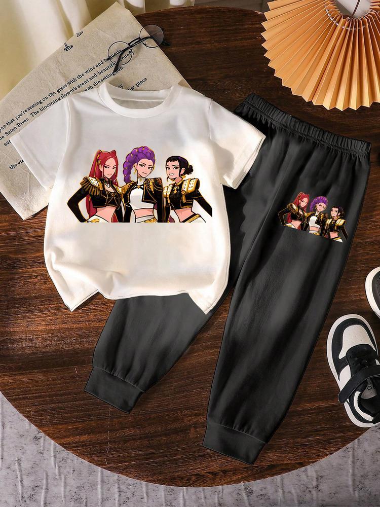 Girls' Kpop Print Short Sleeve T-Shirt & Pants Set, Casual Fashion for Spring & Fall, Comfortable Moderate Fabric, Fitted Style