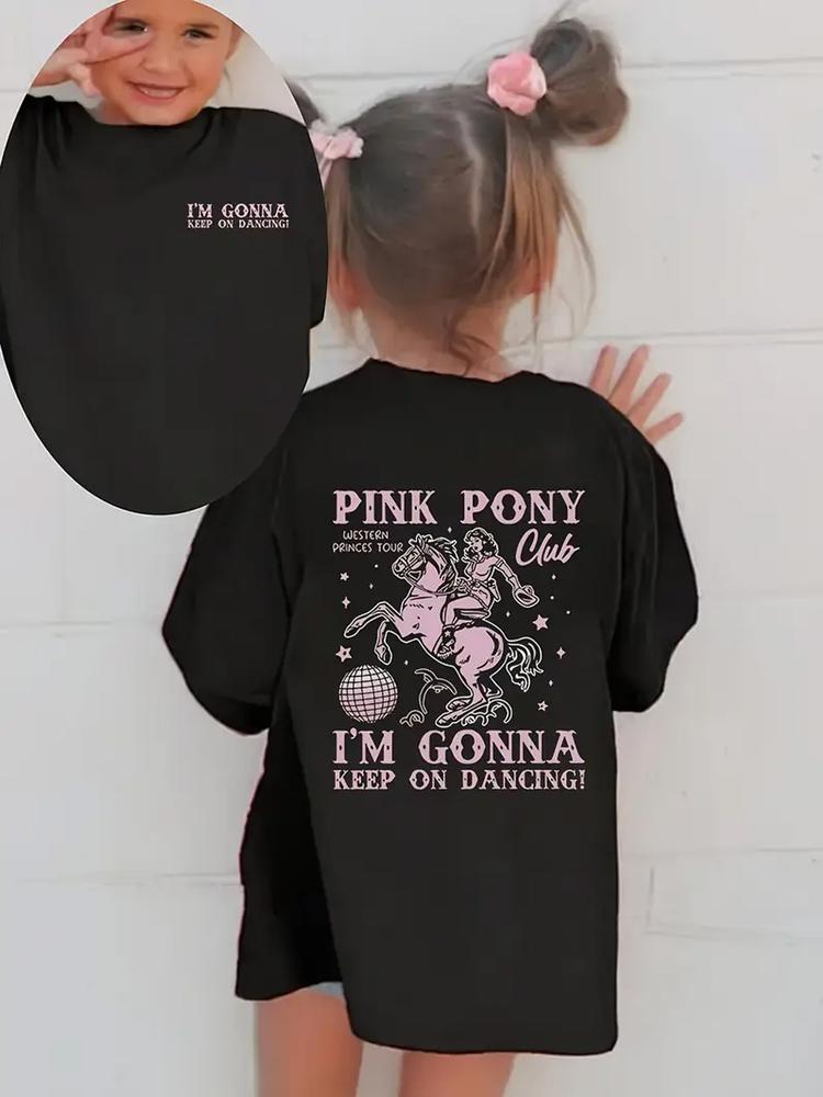 Girls Summer Fashion Cartoon Horse Print Short Sleeve T-Shirt, Casual Outdoor Wear, Comfortable Fit, Perfect for Kids' Daily Use