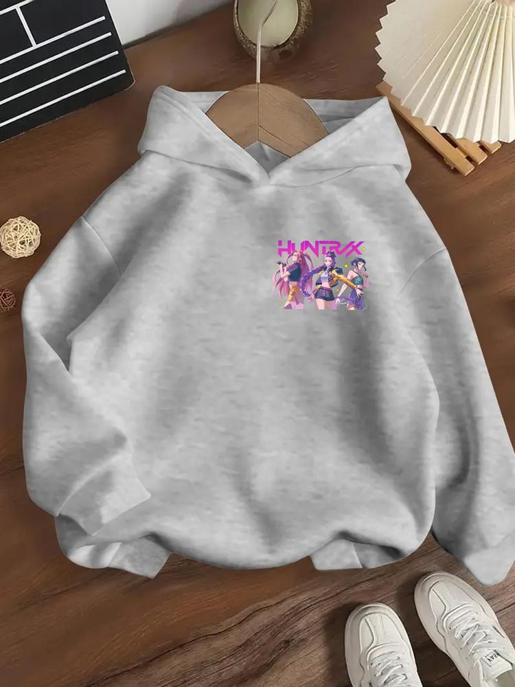 Girls' Kpop Demon Hunters Hoodie, Long Sleeve Cartoon Print Sweatshirt, Casual Fitted Spring & Fall Fashion, Comfortable Trendy Pullover