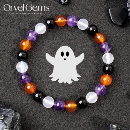 Halloween Protection Crystal Beaded Bracelet – Natural Stone Amethyst Black Onyx Hematite Tigers Eye Agate 8mm beads – Spiritual Grounding, Negative Energy Cleansing, Gift for Women, Men, Friends, Family, Halloween Party, Witchy Jewelry, Protection Amulet