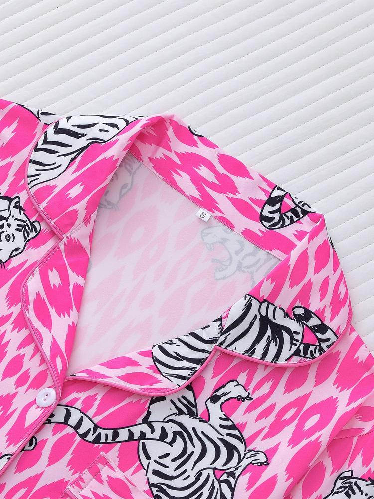 Women's Tiger Print Pajama Set, Fall & Winter Casual Sleepwear, Comfortable Long Sleeve Button-Up Top and Elastic Pants, Home & Outdoor Wear