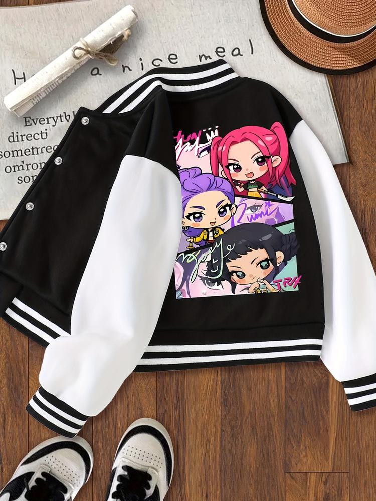 Girls' Halloween Christmas Short Baseball Jacket Coat, Kpop Hunter Design, Elastic Fabric, Fitted Style, Fall Winter Outdoor Indoor Sports Wear