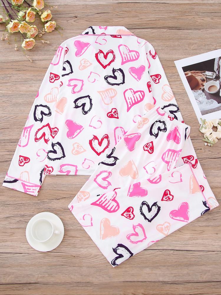 Women's Christmas Pajama Set, Heart Print Long Sleeve Shirt & Elastic Pants, Soft Knit Casual Loungewear Home Wear, Holiday Party Sleepwear